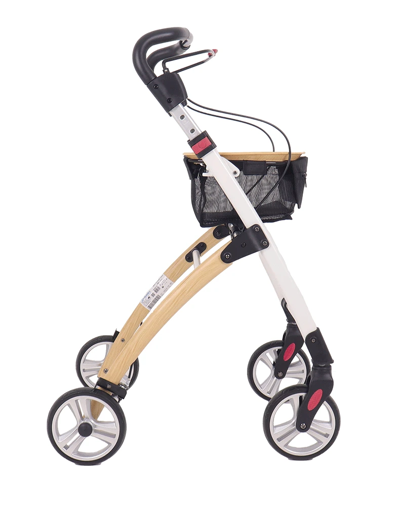 Side view of Mobilex Jaguar Indoor Rollator with wooden texture.