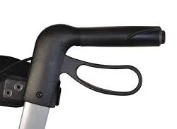 Close-up of the handle and brake lever of a rollator walker.