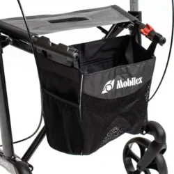Close-up of Mobilex Leopard rollator's shopping bag and wheels.