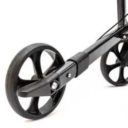 Close-up view of a black wheel on the Aluminium Rollator Mobilex Leopard.