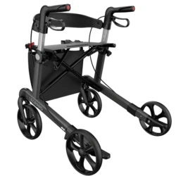 Anthracite grey rollator with four wheels and a padded back strap.