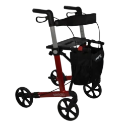 Red Mobilex Leopard rollator with black seat and bag.