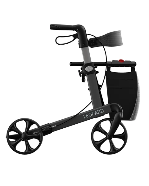 Anthracite Grey Mobilex Leopard rollator with four wheels and a shopping bag.