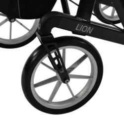 Close-up of a large wheel on the Mobilex Lion rollator.