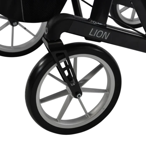 Close-up of a large wheel on the Mobilex Lion rollator.