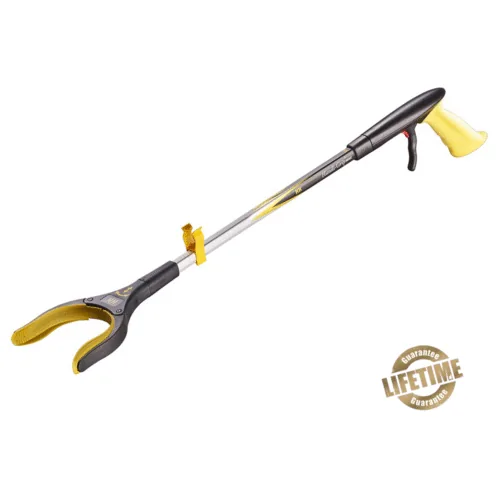Long Reach Helping Hand Grabber with yellow jaw and gel handle.