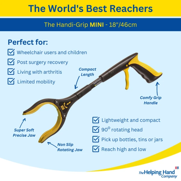Handi-Grip Mini grabber tool with features highlighted.