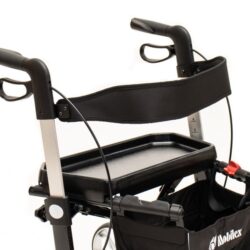 Close-up of a Gepard Rollator with a tray attached.