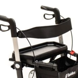 Close-up of a Gepard Rollator with a tray attached.