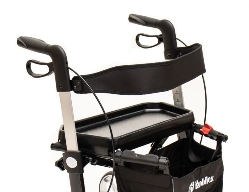 Close-up of a Gepard Rollator with a tray attached.