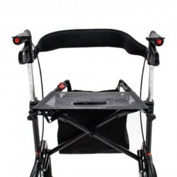 Back view of a carbon ultralight rollator with a mesh seat and black frame.