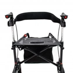 Back view of a carbon ultralight rollator with a mesh seat and black frame.