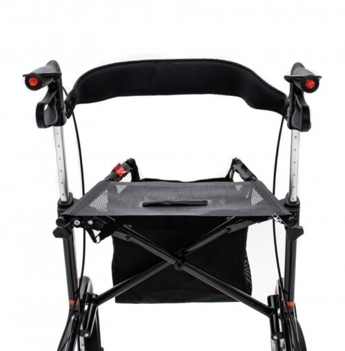 Back view of a carbon ultralight rollator with a mesh seat and black frame.