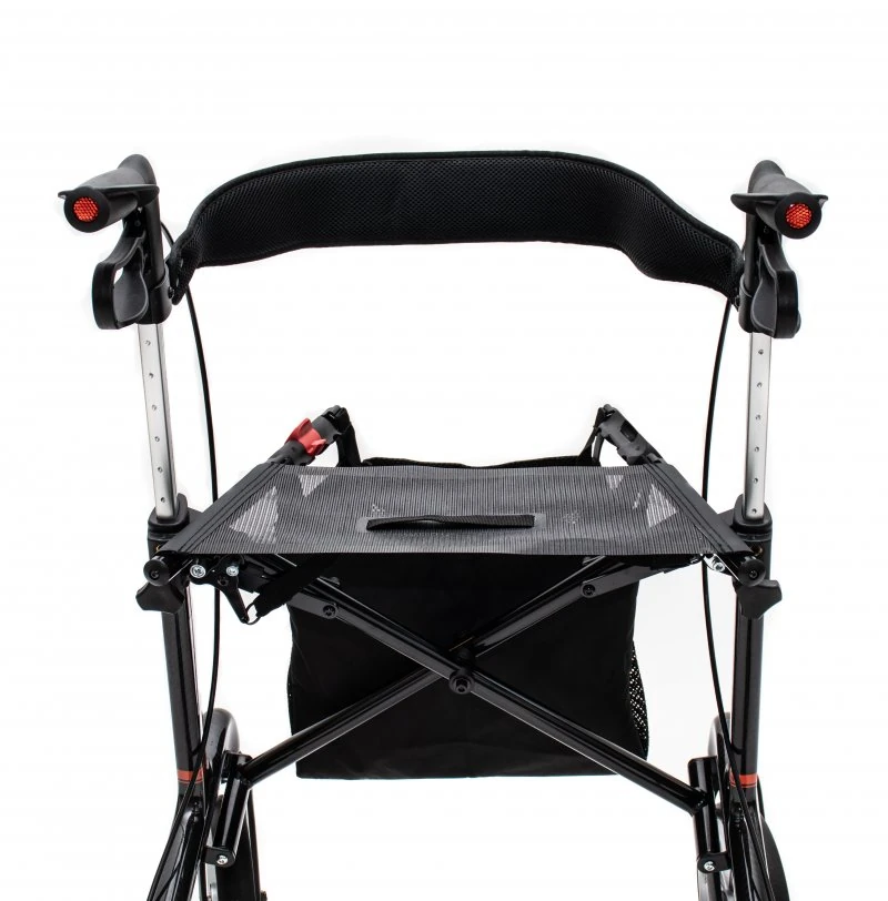Back view of a carbon ultralight rollator with a mesh seat and black frame.