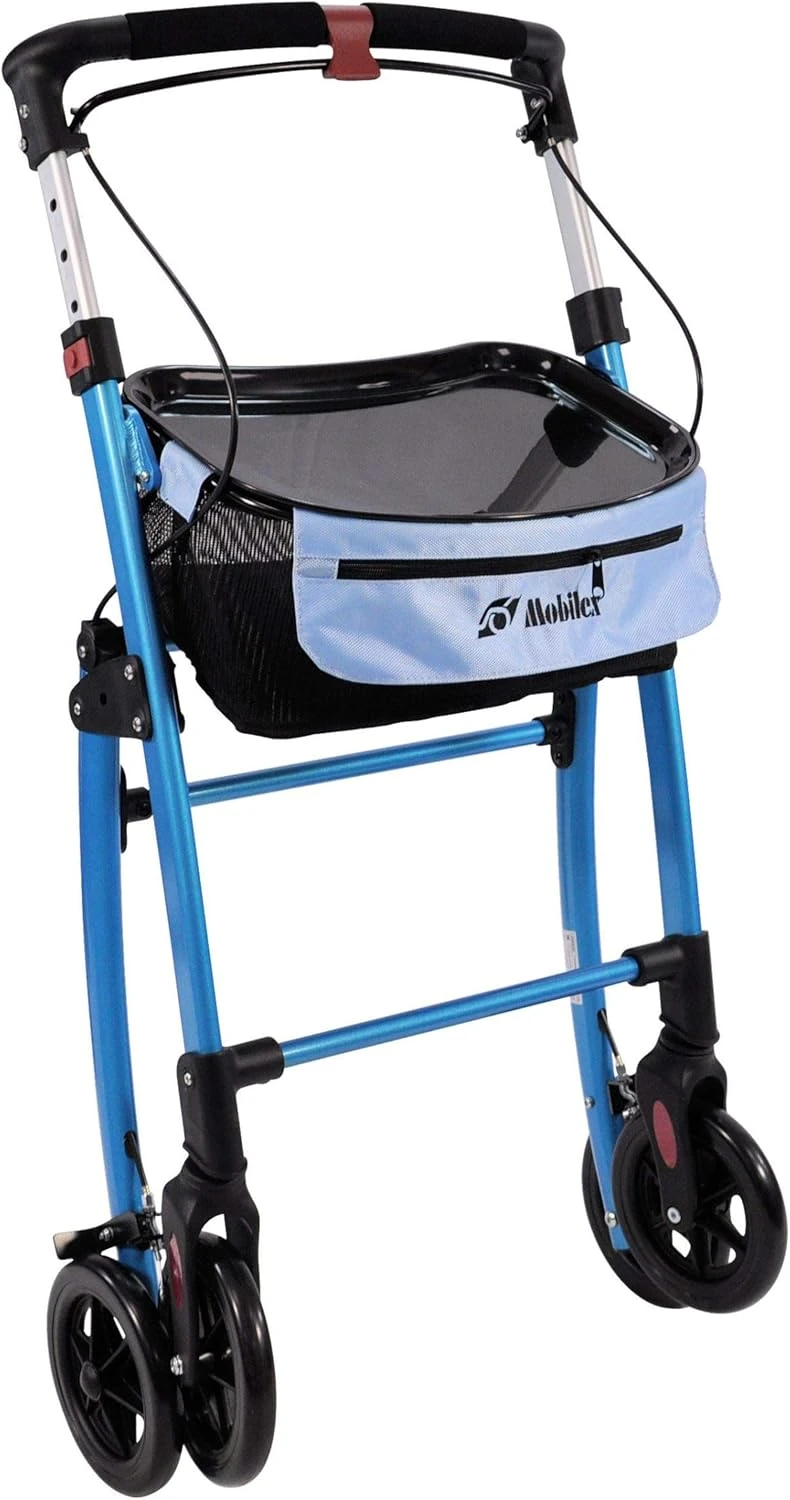 Blue Mobilex Jaguar Indoor Rollator with tray and carry bag