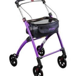 Purple rollator with a tray and storage bag, featuring four wheels.