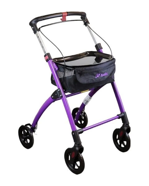 Purple rollator with a tray and storage bag, featuring four wheels.