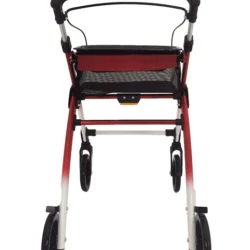 Rear view of a red and white indoor rollator with a tray.