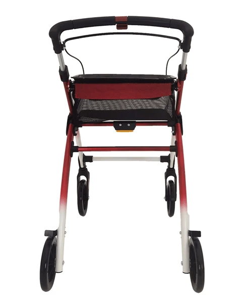 Rear view of a red and white indoor rollator with a tray.