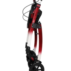 Side view of a folded red and white rollator with black wheels.