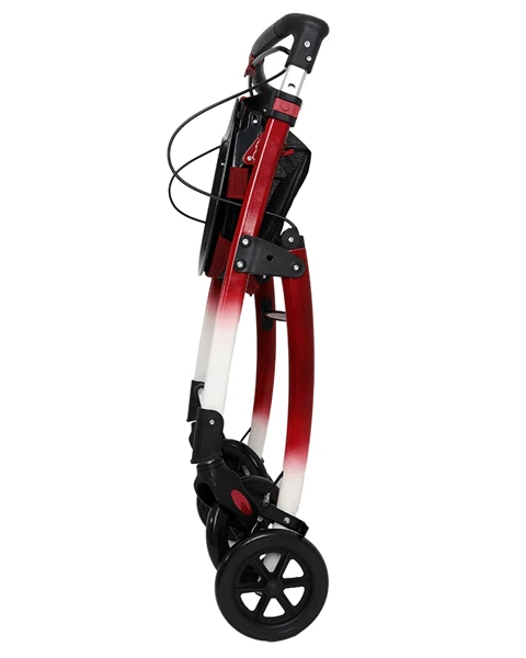 Side view of a folded red and white rollator with black wheels.