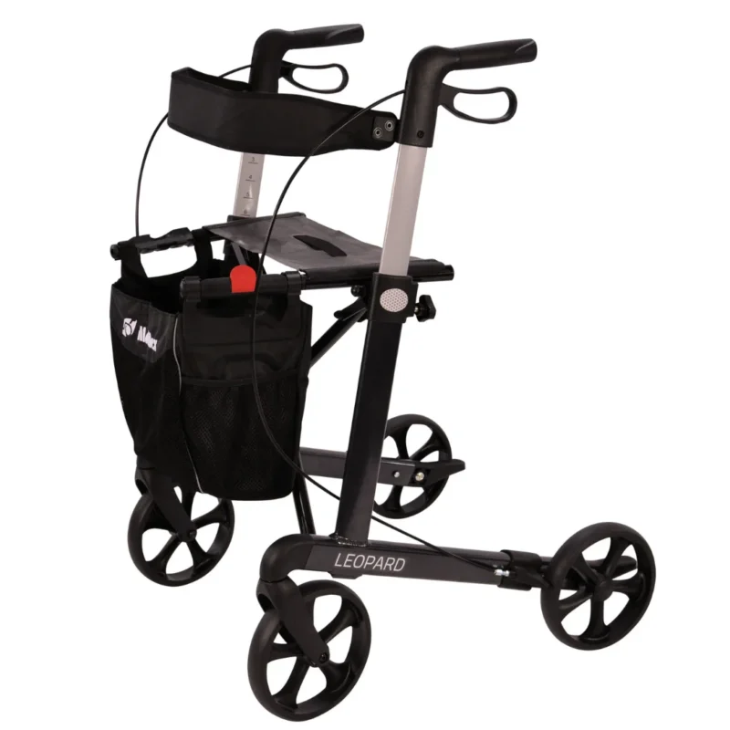 Aluminium rollator with black frame and seat, four wheels, and a shopping bag.
