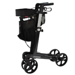 Folded Mobilex Leopard rollator with black frame and wheels.