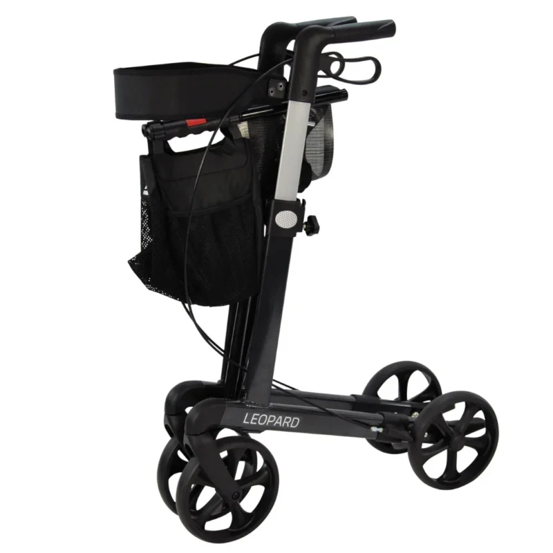 Folded Mobilex Leopard rollator with black frame and wheels.