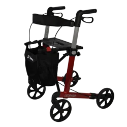 Red Mobilex Leopard rollator walker with black bag and seat.