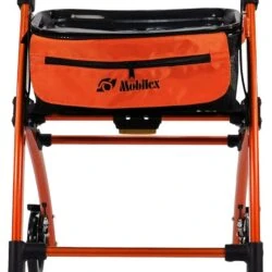 Front view of an orange Mobilex Jaguar Indoor Rollator with a storage bag.