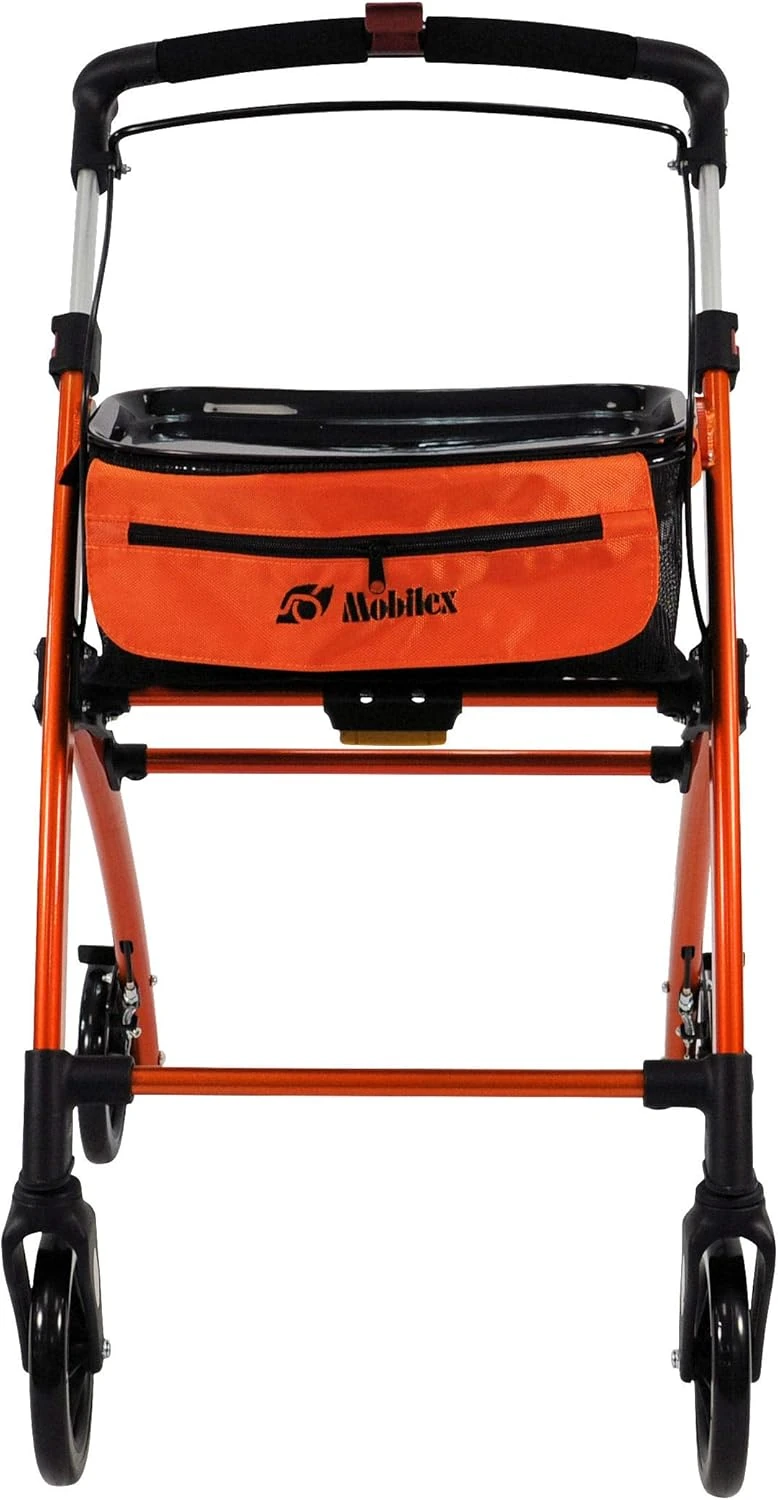 Front view of an orange Mobilex Jaguar Indoor Rollator with a storage bag.