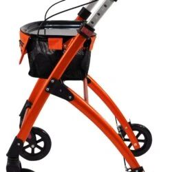 Orange rollator with black wheels and a tray, viewed from the side.