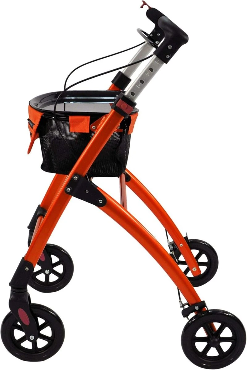 Orange rollator with black wheels and a tray, viewed from the side.