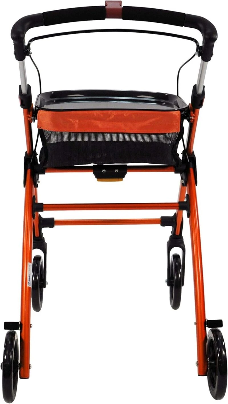 Rear view of an orange indoor rollator with a tray and four wheels.