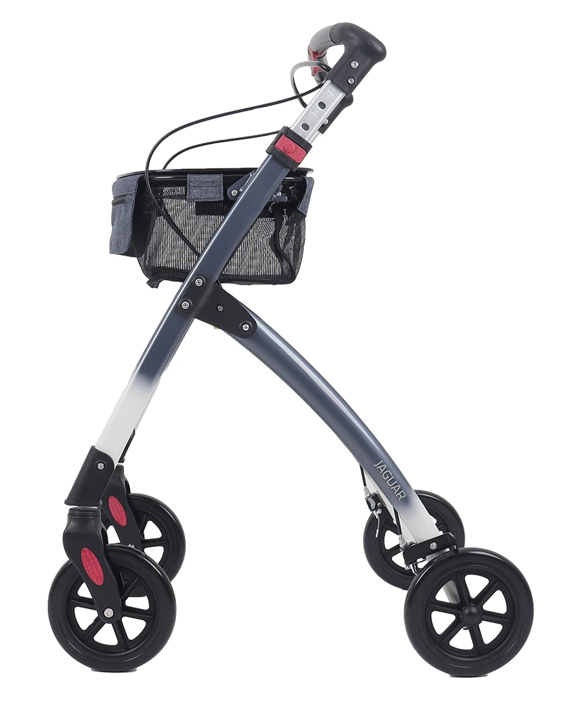 Side view of a Mobilex Jaguar Indoor Rollator with a storage tray.
