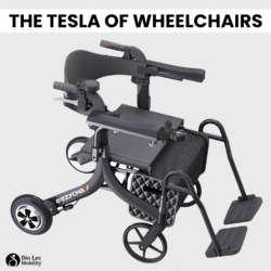 Eezy Roller electric wheelchair with foldable design and footrests.