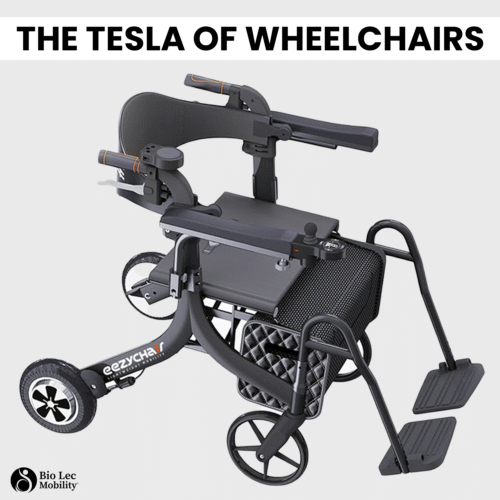 Eezy Roller electric wheelchair with foldable design and footrests.
