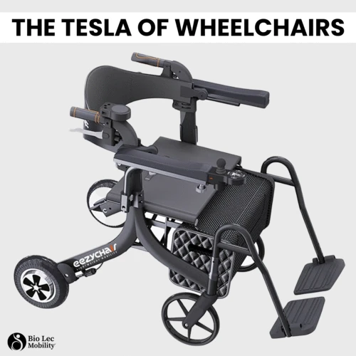 Eezy Roller electric wheelchair with foldable design and footrests.
