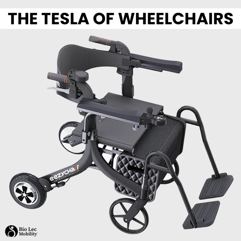Eezy Roller electric wheelchair with foldable design and footrests.