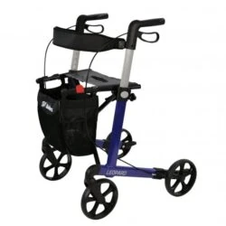 Blue Mobilex Leopard rollator with black seat and bag.