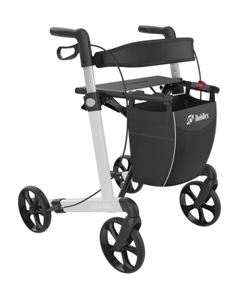 Mobilex Leopard rollator with black frame and shopping bag.