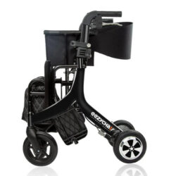 Folded black Eezy Roller electric rollator wheelchair with visible wheels and frame.
