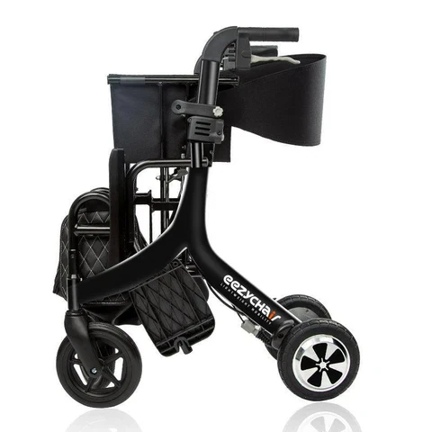 Folded black Eezy Roller electric rollator wheelchair with visible wheels and frame.