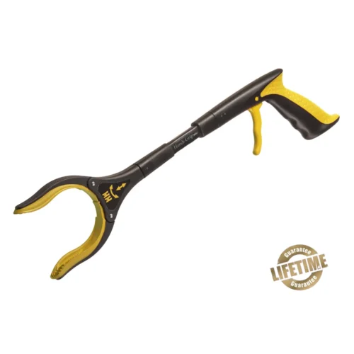 Handi-Grip Mini grabber tool with yellow accents and ergonomic handle.