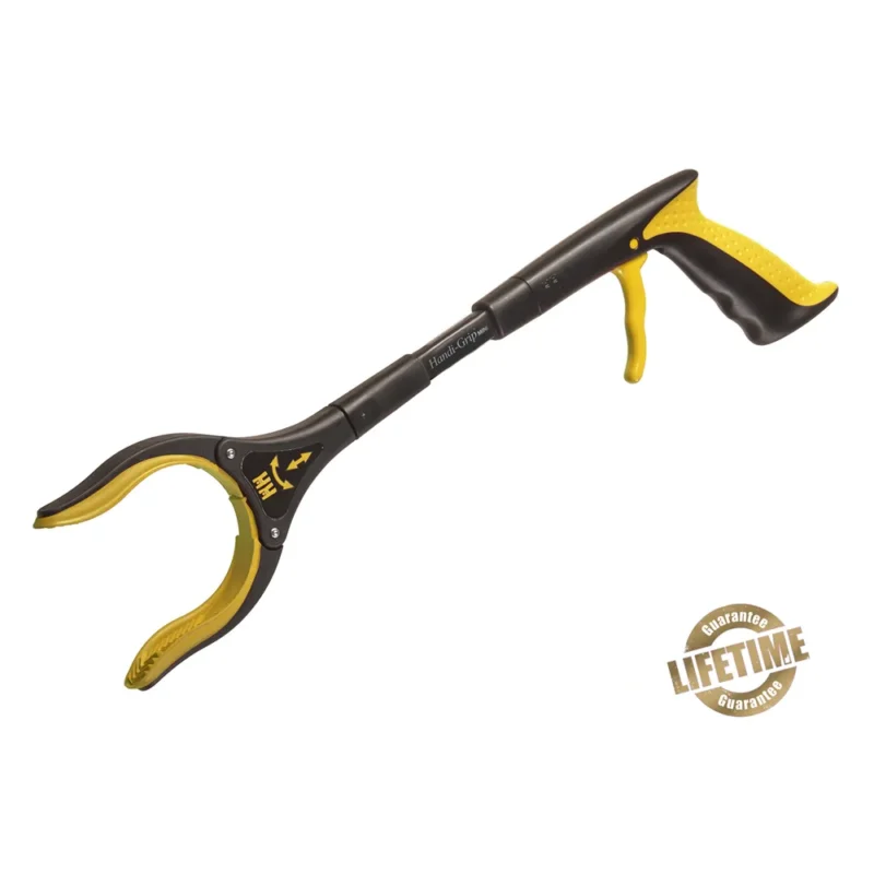 Handi-Grip Mini grabber tool with yellow accents and ergonomic handle.