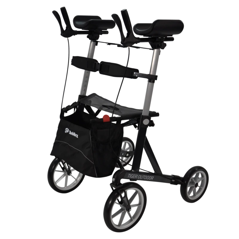 Mobilex Tiger Outdoor Rollator with forearm rests and storage bag.