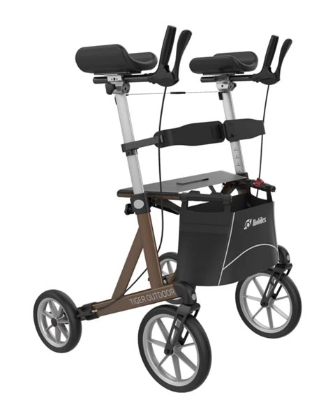 Mobilex Tiger Outdoor Rollator with forearm supports and storage bag.