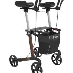 Tiger Indoor Rollator in metallic brown with rotatable armrests and a shopping bag.