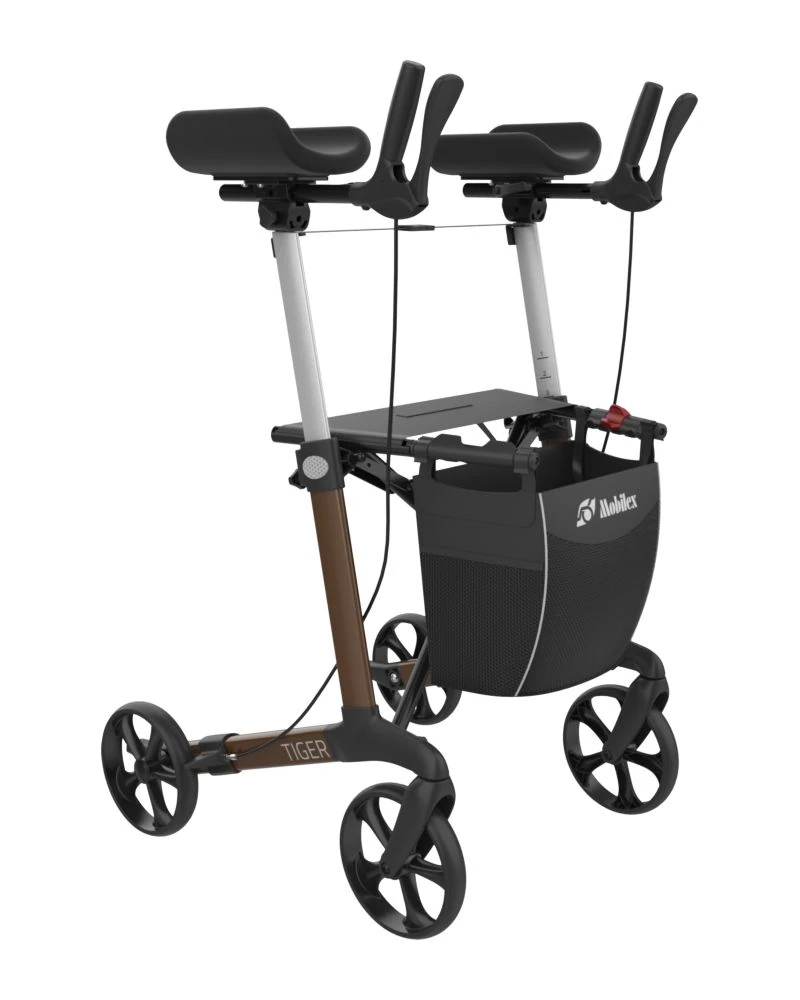 Tiger Indoor Rollator in metallic brown with rotatable armrests and a shopping bag.