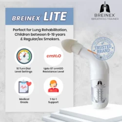 BREINEX LITE breathing trainer with features listed.